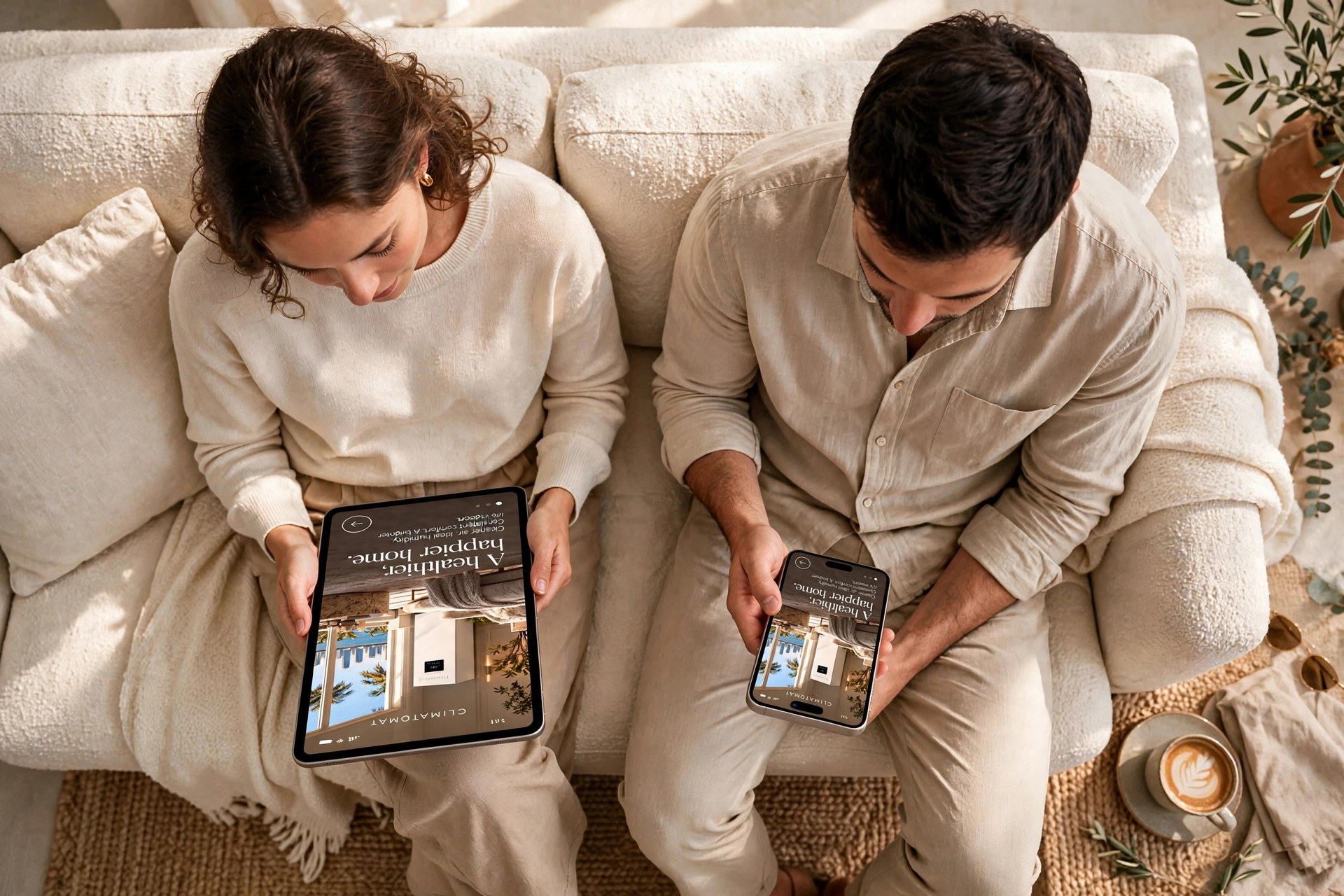 A couple on a sofa — she follows the Climatomat app on her iPad, he on his iPhone