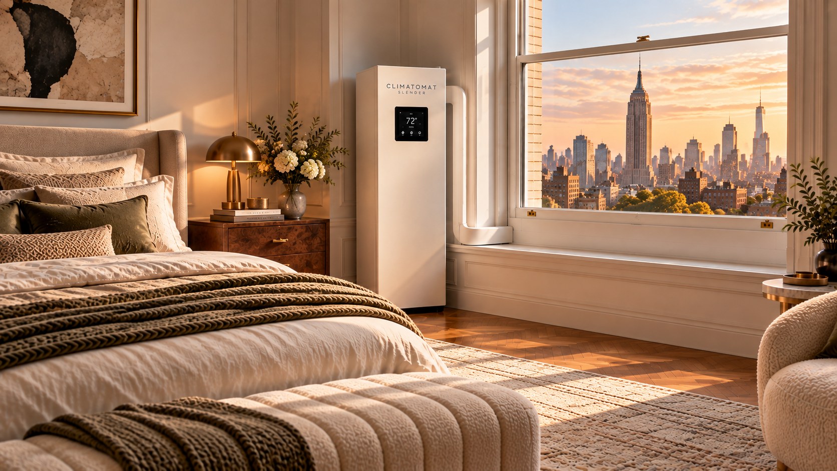 Master bedroom with a Climatomat Slender beside a tall open window
