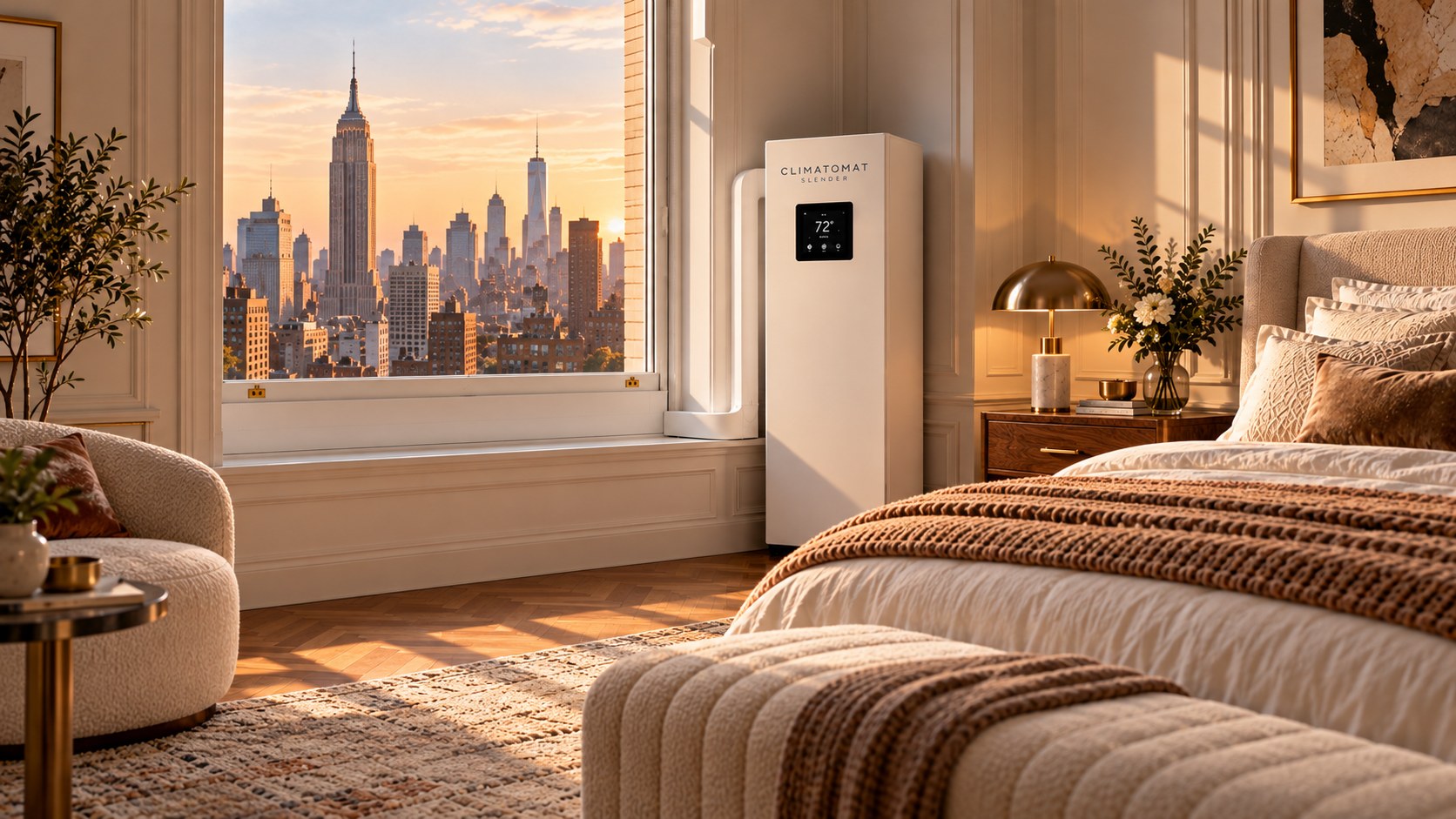 Second bedroom with a Climatomat Slender beside a tall open window