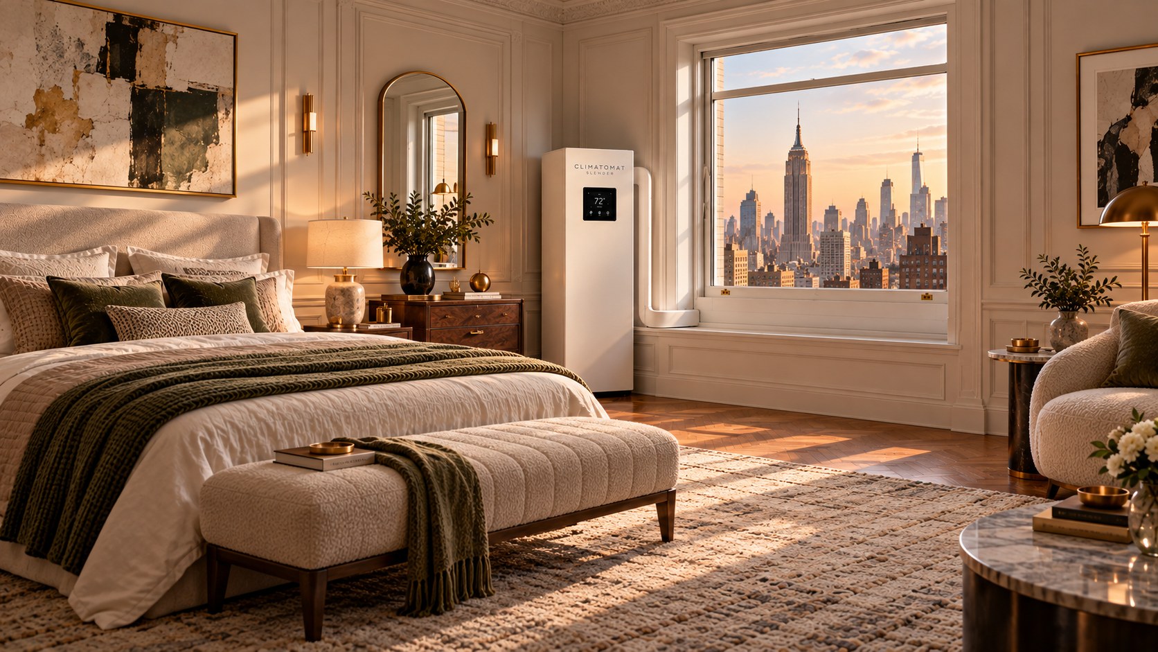 Third bedroom with a Climatomat Slender beside a tall open window